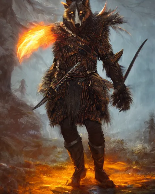 Image similar to oil painting of Anthropomorphized magical Wolf Hunter wearing intricate fur armor, sharp focus, holding magical fiery Sword, Hat, magical aura, heroic pose, fantasy style, octane render, volumetric lighting, 8k high definition, by greg rutkowski, highly detailed, trending on art Station, magic the gathering artwork, magical Battlefield backround, centered