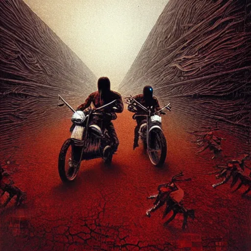 Prompt: motorbikers race in hell, pursued by demons, beksinski and tristan eaton, dark neon trimmed beautiful dystopian digital art