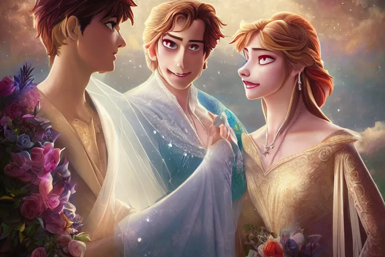 Image similar to a cinematic portrait of wedding photograph jpeg close up moment of a divine a japan sun god and moon goddess lovers magician at a wedding banquet. portraiture. digital painting. artstation. concept art. wedding photo. illustration. frozen ii art masterpiece by art by krenz cushart