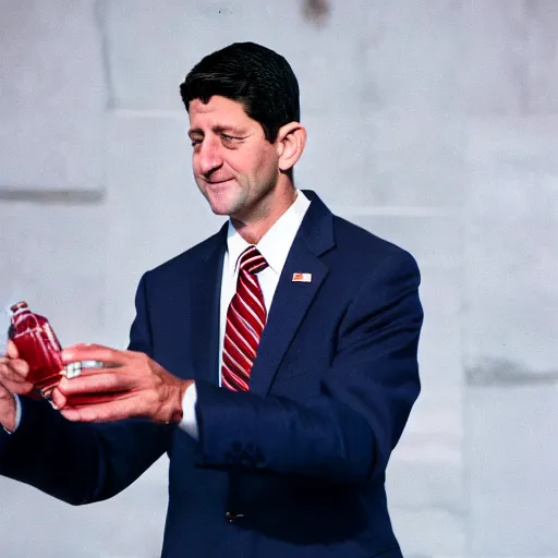 Prompt: Former House Speaker Paul Ryan and an empty bottle. CineStill