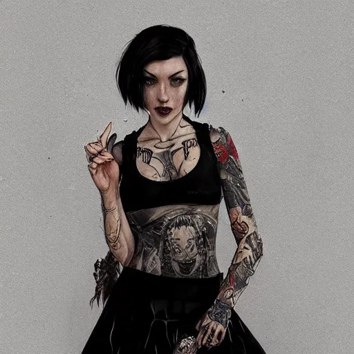 Prompt: swedish bar maid, tattoos, black t - shirt, black skirt, detailed portrait, intricate complexity, by greg rutkowski, artgerm, ross tran, conrad roset, takato yomamoto, ilya kuvshinov. 4 k, beautiful, cinematic dramatic atmosphere