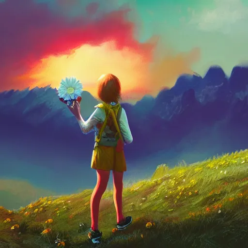 Image similar to giant daisy flower head, girl hiking in the mountains, surreal photography, sunrise, dramatic light, impressionist painting, colorful clouds, digital painting, artstation, simon stalenhag