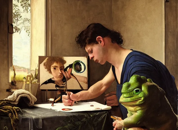 Image similar to a young painter in his studio painting a picture of pepe the frog, by edgar maxence and caravaggio and michael whelan and delacroix style, artistic, intricate drawing, cinematic lighting, hyper realistic, extremely detailed, establishing shot, 8 k resolution, dramatic lighting