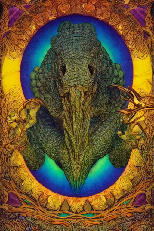 Prompt: beautiful crocodile headed god by maxfield parrish, mandala, coherent design, vivid colors, digital watercolor ink illustration painting, complementary color, golden ratio, detailed, sharp lines, sharp focus, intricate, rainbowshift, artgerm, gustave dore, alphonse mucha, octane render