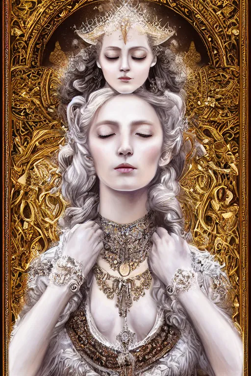 Prompt: full - body - portrait of a beautiful stunning peaceful majestic ice queen wearing intricate jewelry, oil on canvas, baroque style, perfect symmetrical face, mood lighting, ornate and elegant, winter, philosophical, dreamlike, ethereal, painterly, 🌚, digital art, detailed, trending on artstation