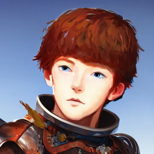 Prompt: portrait of a young redheaded boy with blue eyes and wearing armor, medieval background, highly detailed, digital painting, artstation, matte, by makoto shinkai, animation style, studio ghibli, anime key visual