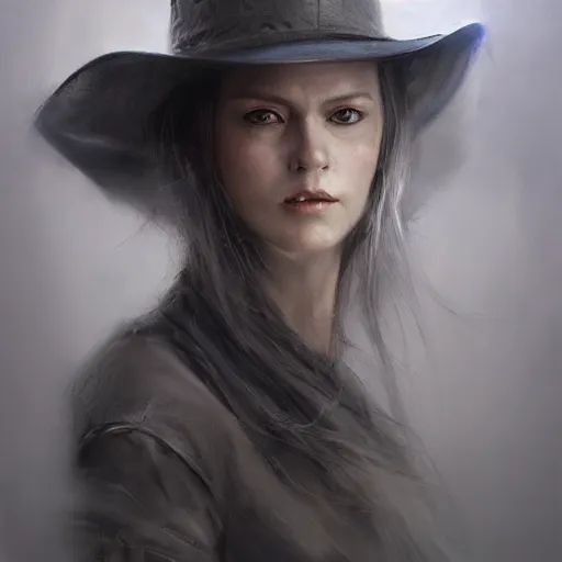 Image similar to portrait of a woman with a long duster, almost grey hair and a cowboy hat, harsh good looking face, drawn by Ruan Jia, fantasy art, dramatic lighting, digital art,highly detailed