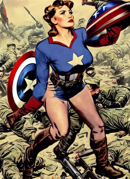 Prompt: beautiful female captain america standing on a pile of defeated german soldiers. feminist captain america wins wwii. american wwii propaganda poster by james gurney. gorgeous face. tactical gear. overwatch