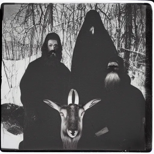 Image similar to trail _ camera _ photo _ of _ a _ breaton monks looking like rasputin with lit candles and a goat _ realistic _ spooky _ grimdark _ night _ black _ and _ white, polaroid