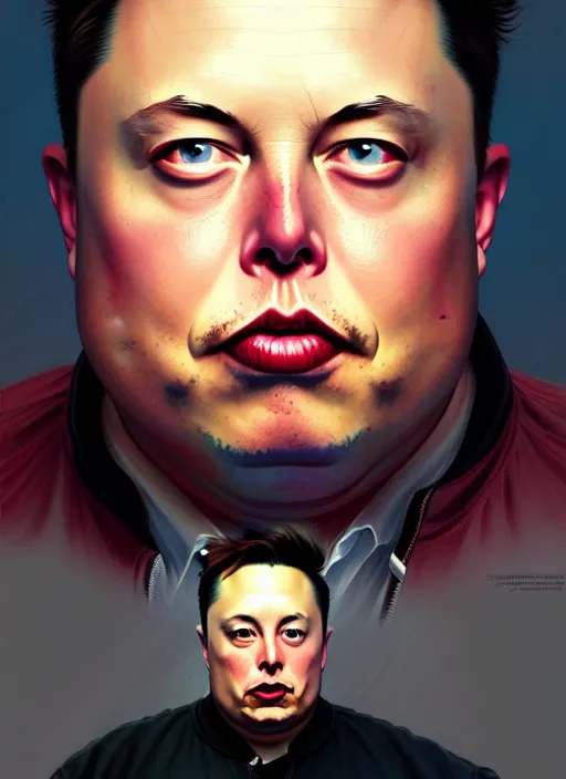 Image similar to obese elon musk, portrait, intricate, elegant, highly detailed, digital painting, artstation, concept art, wallpaper, smooth, sharp focus, illustration, art by artgerm and greg rutkowski and alphonse mucha