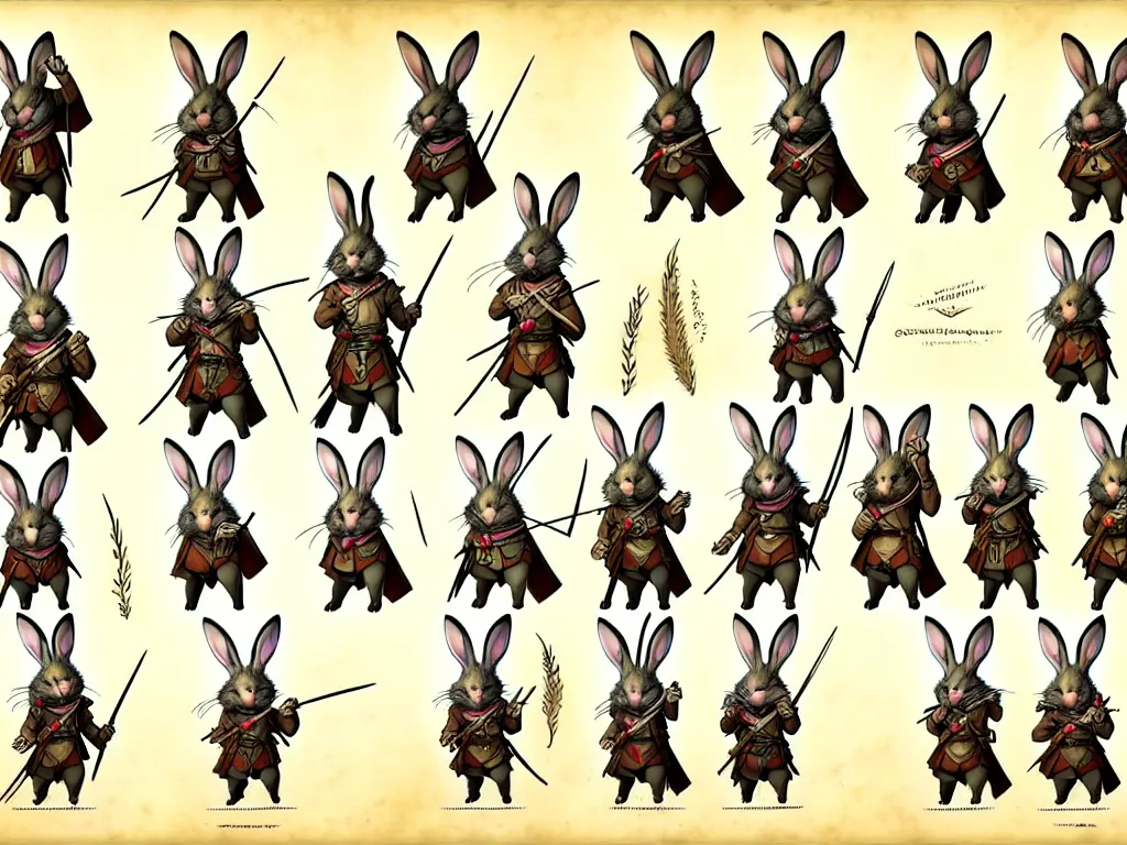 Image similar to character design sheet for a group of heroic rabbit archers on a parchment background, redwall, greg rutowski and jean baptiste monge, very very detailed, epic fantasy concept art