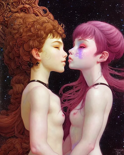 Image similar to portrait of two beautiful cute young maiden girls kissing with short white hairs in warhammer armor, art by ( ( ( kuvshinov ilya ) ) ) and wayne barlowe and gustav klimt and artgerm and wlop