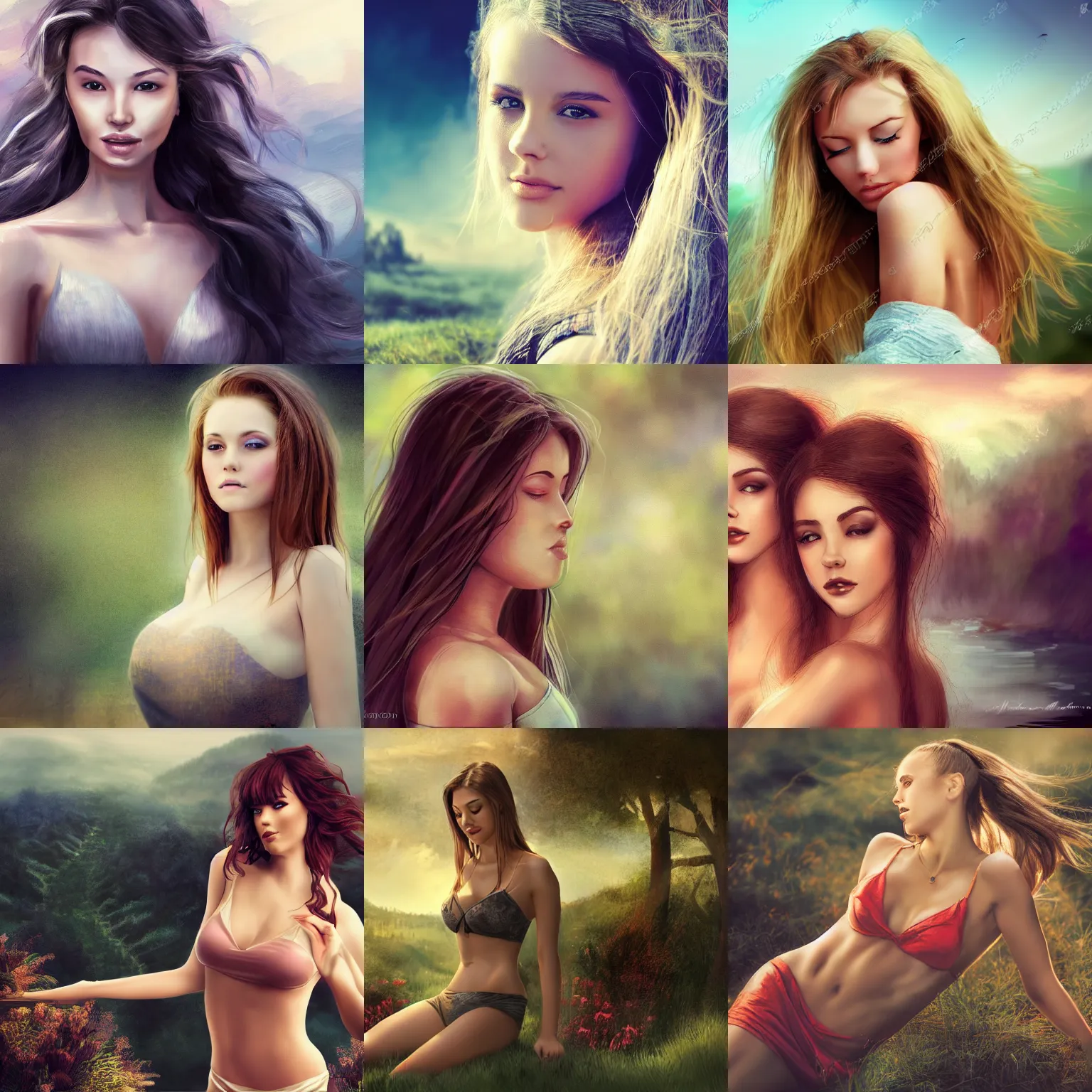 Prompt: beautiful young women, landscape background, concept art, body close up