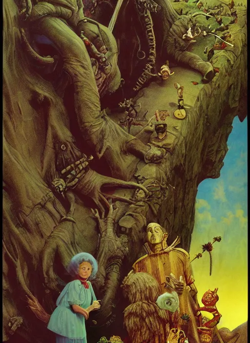 Image similar to Wizard of oz movie poster, by lawrence alma-tadema and zdzislaw beksinski and norman rockwell and jack kirby and tom lovell and greg staples, artstation creature art