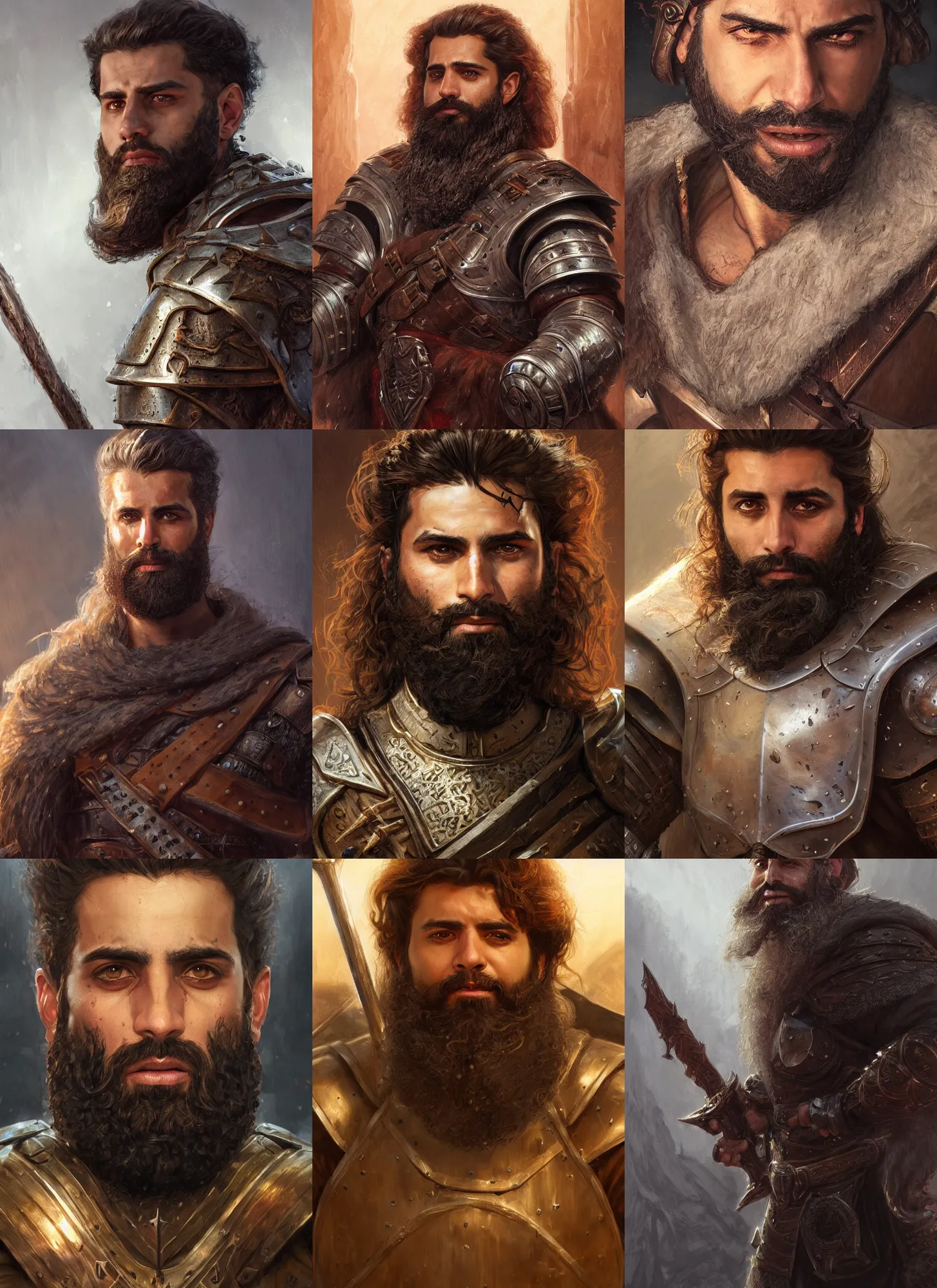 Prompt: a portrait of mena massoud as a bearded man, battle scars on face, paladin armor, brown hair, some grey hair in beard, style by donato giancola, wayne reynolds, jeff easley dramatic light, high detail, cinematic lighting, artstation, dungeons and dragons