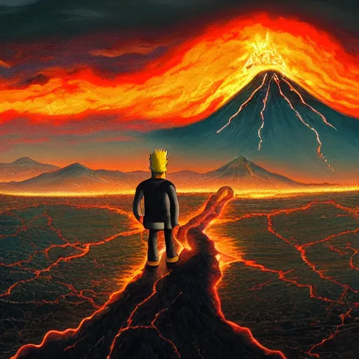 Image similar to a painting of bart simpson walking through mordor towards mount doom. Lava flowing and the eye of sauron in the distance. Detailed trending on artstation.