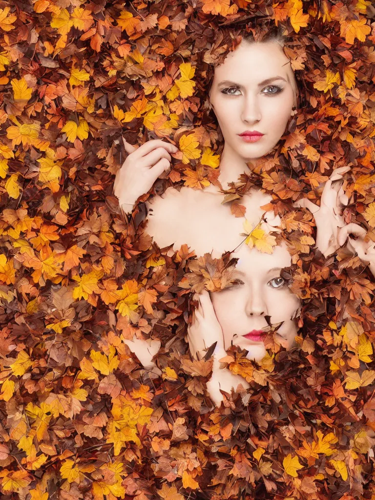 Prompt: A photograph of an attractive female model with a symmetrical face wearing a dress made of autumn leaves and butterflies, studio lighting