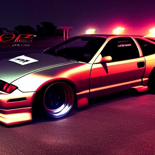 Image similar to a car 300ZX turbo drift at illegal car meet, Chiba prefecture, city midnight mist lights, cinematic lighting, photorealistic, highly detailed wheels, high detail