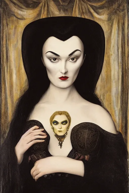 Image similar to beautiful face portrait of sasha grey as morticia addams, oil painting by nicholas hilliard, raphael, sofonisba anguissola