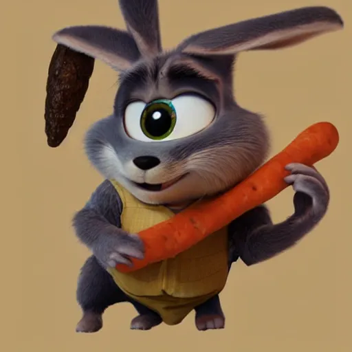 Prompt: very cute kid\'s film character rabbit, disney pixar Zootopia character concept artwork, 3d concept, detailed fur, anthropomorphic animal smoking a carrot shaped cigar blunt, high detail iconic character for upcoming film, trending on artstationhd, charlie bowater, villain character, evil dark cinematic