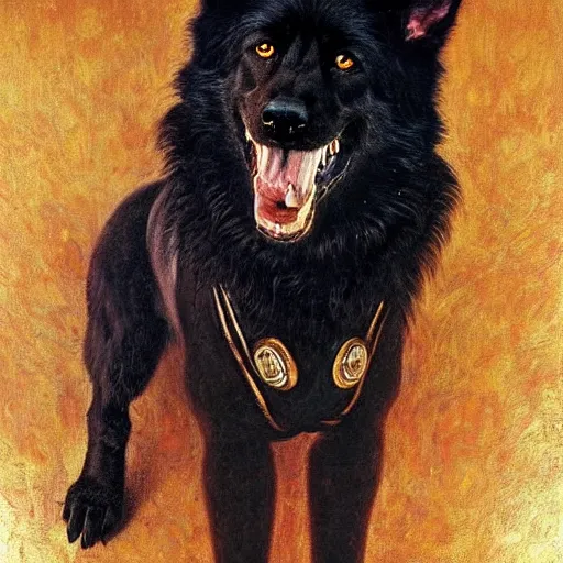 Image similar to a portrait of a black german shepard dogman canine with human eyes and mouth star trek captain red shirt. highly detailed painting by gaston bussiere craig mullins jc leyendecker gustav klimt artgerm greg rutkowski