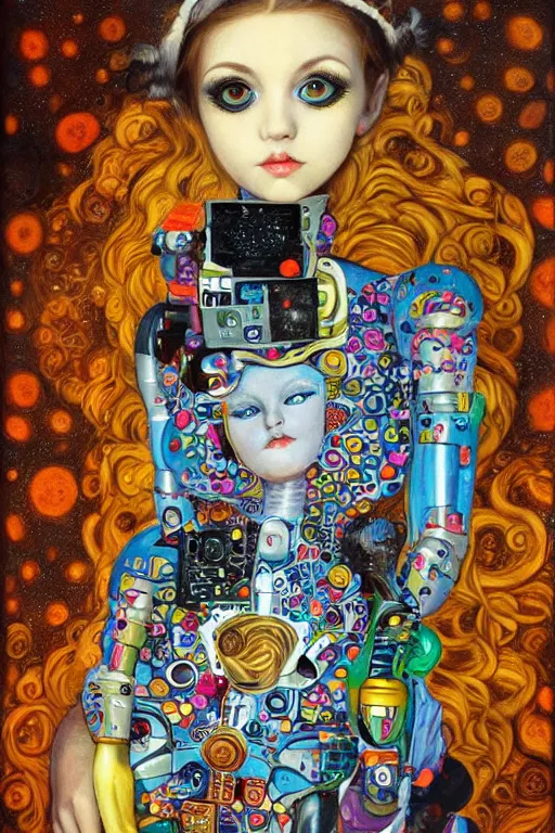 Prompt: pop surrealism, lowbrow cute girl painting, hyper realism, robotic girl, klimt style