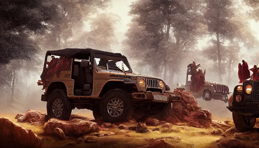 Prompt: Mahindra thar, tribe members watching nearby, an epic fantasy, dramatic lighting, cinematic, establishing shot, extremely high detail, photorealistic, shot on red camera, cinematic lighting, matte painting, artstation, by simon stalenhag, horizon fobidden west