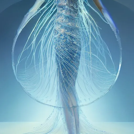 Prompt: a beautiful dress, jellyfish theme, transparent, blue gradient, complex details, exquisite structure by tooth wu and wlop and beeple and greg rutkowski