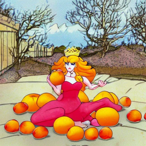 Prompt: princess peach eating a pile of peaches