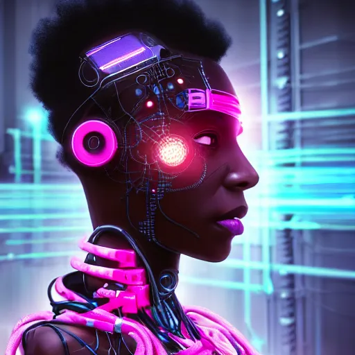 Image similar to portrait of a beautiful dark skinned woman with pink hair as a cyberpunk cyborg half robot, revealing wires and electronics, hooked - up, sci - fi, missing panels, intricate abstract upper body intricate artwork, concept art, octane render, deviantart, cinematic, key art, hyperrealism, iridescent accents, portrait photograph, nikon 3 5 mm, photograph by greg rutkowski