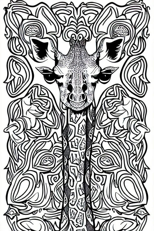 Prompt: giraffe ornate luxury fractal ink drawing line art colouring page, vector, margins, fine lines, centered