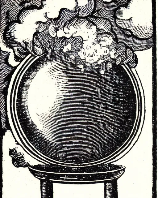 Prompt: a woodcut of smoke surrounding a crystal ball by henricus hondius ii, featured on flickr, mannerism, grotesque, woodcut, macabre, highly detailed