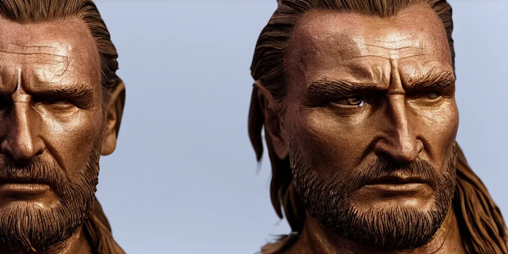 Prompt: golden head sculpture of qui - gon jinn liam neeson 4 k, movie still, uhd, sharp, detailed, cinematic, render, modern