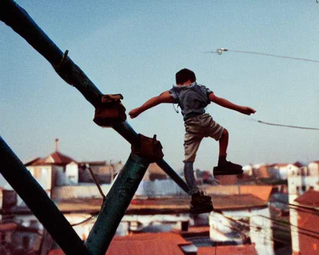 Image similar to lomo photo of roofjumpers climbing on roof of soviet hrushevka, small town, cinestill, bokeh, out of focus