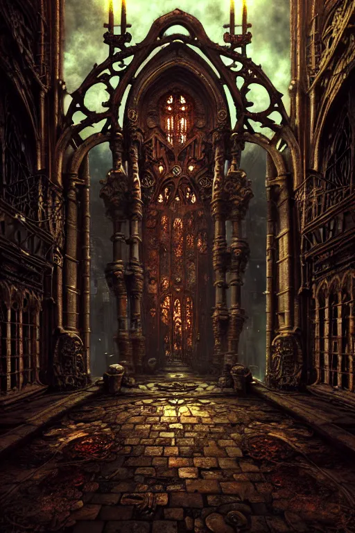 Prompt: steam necropolis, memento mori, gothic, neo - gothic, art nouveau, hyperdetailed copper patina medieval icon, philippe druillet, ralph mcquarrie, concept art, steampunk, unreal engine, detailed intricate environment, octane render, moody atmospheric, volumetric lighting
