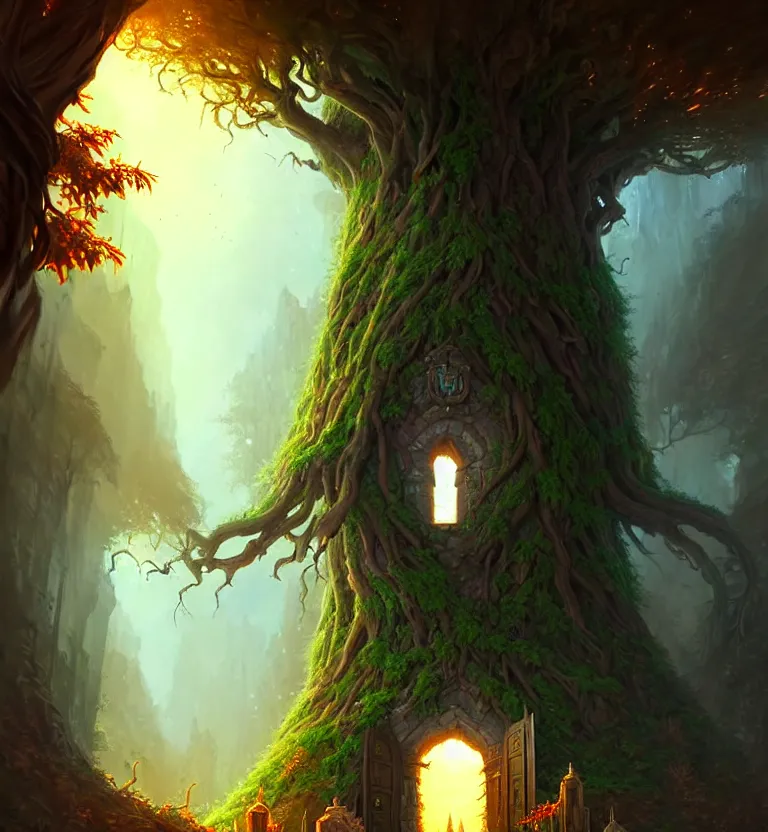 Image similar to a beautiful giant tree growing in the middle of an mysterious giant door carved with symbols, a door is embedded in the tree. godray on plants, fantasy digital art, fantasy style art, fantasy hearthstone art style, fantasy game art by greg rutkowski, darksouls concept art