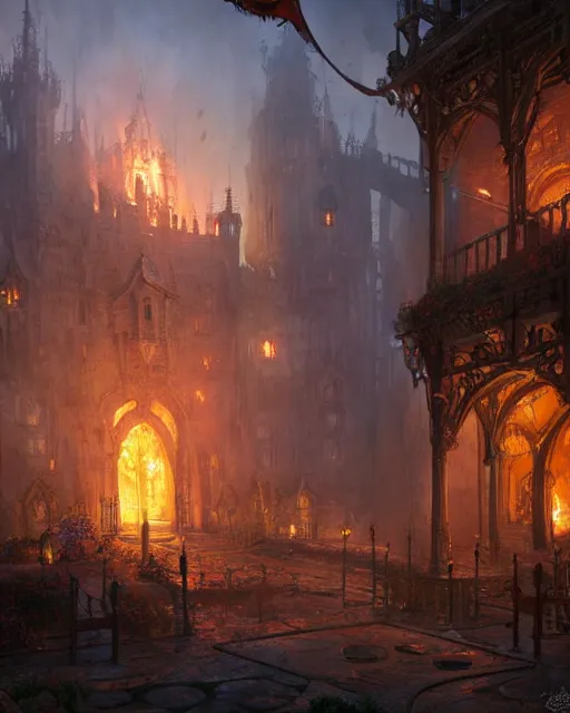 Image similar to robust fantasy castle courtyard burned to the groun, fiery ambient, uplifting mood, ultra realistic, sad, small buildings, highly detailed, epic lighting, illuminated, cinematic, morning, art by eddie mendoza