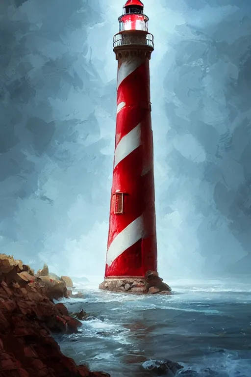 Image similar to a red and white lighthouse inside a clear bottle, very fancy whiskey bottle, intricate concept painting by by eddie mendoza and ross tran and craig mullins