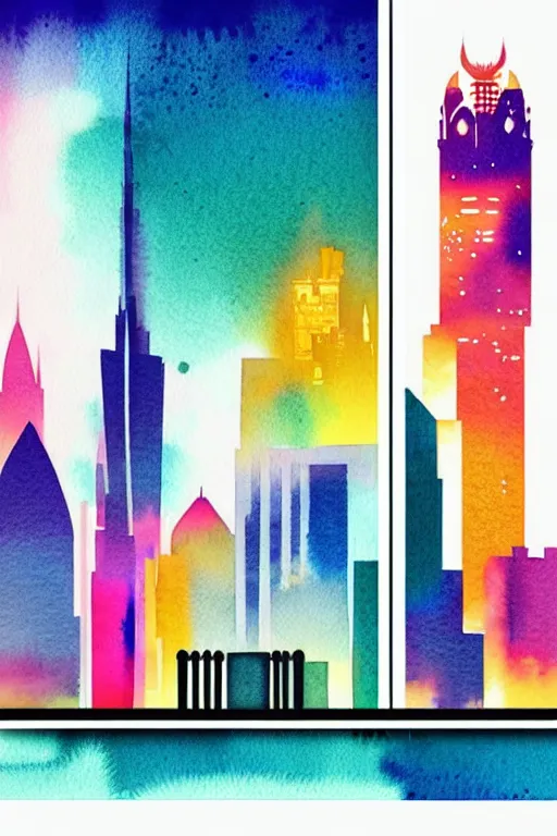 Prompt: minimalist colorful watercolor line art of duabi, art deco, cityscape, matte drawing, poster art