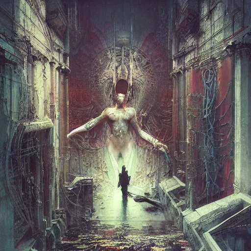 Image similar to cyberpunk dreaming by gustave dore and gustave moreau and beksinski and giger and craig mullins and jeremy mann