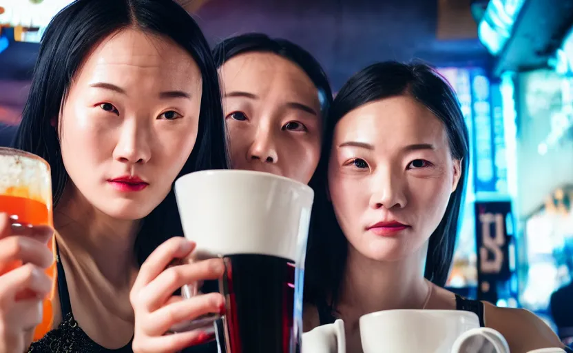 Prompt: cinestill 5 0 d photographic portrait of two android women sharing a drink at a cafe in cyberpunk china, extreme closeup, modern cyberpunk, dust storm, 8 k, hd, high resolution, 3 5 mm, f / 3 2, ultra realistic faces, intricate detail, ex machina