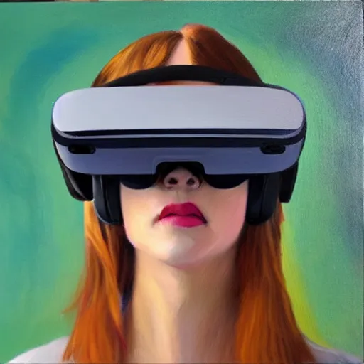 Prompt: An impressionistic painting of a woman wearing a VR headset