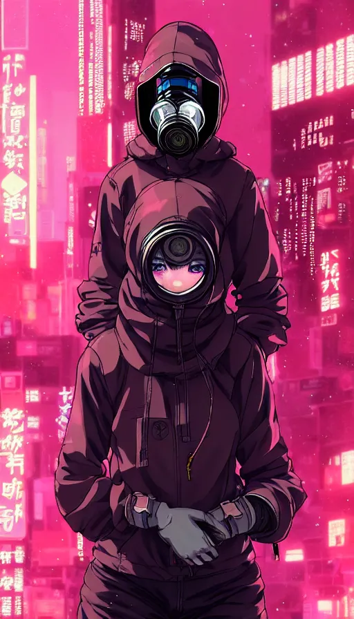 Image similar to cyberpunk anime girl in hoodie, cyberpunk gas mask, 3 / 4 shot, street night, grafity, beautiful face, grafity, arcane, action, tokyo street, detail, good face, pose model, concept art, in style of yoji shinkawa, pan ren wei, col price, atey ghailan, by greg rutkowski, aesthetic