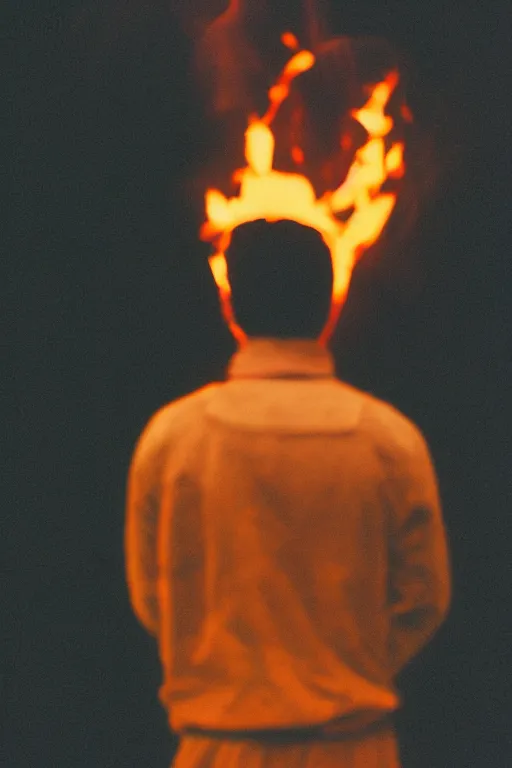 Prompt: kodak ultramax 4 0 0 photograph of a guy standing in fire, back view, grain, faded effect, vintage aesthetic,