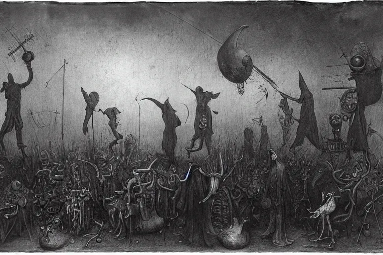 Image similar to a photo of plague doctors with rube goldberg machines in the fog by joel peter witkin, heironymus bosch, gustave dore, beksinski