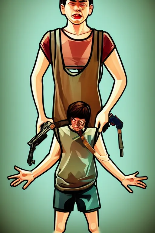 Image similar to boy with singlet tshirt and towel on shoulder. grand theft auto chinatown art style, bioshock art style pop art, no duplicate image, dynamic proportional, digital painting, artstation, concept art, smooth, sharp focus, illustration, intricate, hyperdetails, art by richard hamilton and mimmo rottela, pixels art by paul robertson