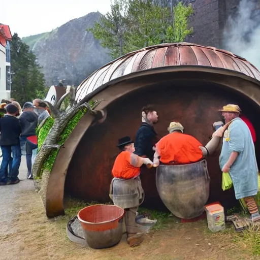 Prompt: a huge dutch oven in the town. the dutch oven has dwarves and humans drinking beer in front of it, evening, high fantasy