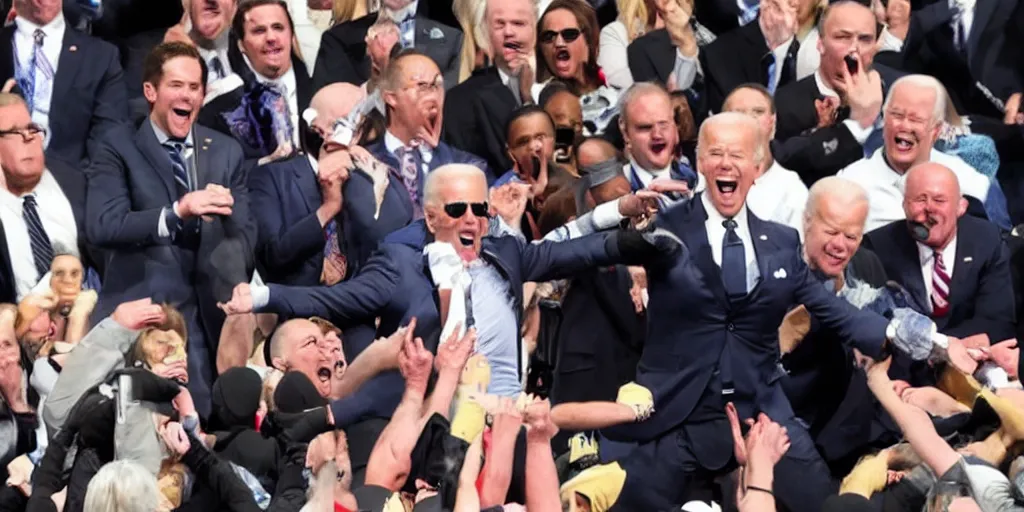 Prompt: joe biden hit with chair at wrestlemania, detailed facial expressions, hyper detailed