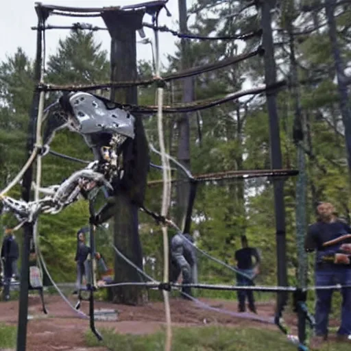 Image similar to publicity photo released by boston dynamics of its prototype robotic orangutan leaping or swinging or climbing in an obstacle - course while engineers are taking notes.