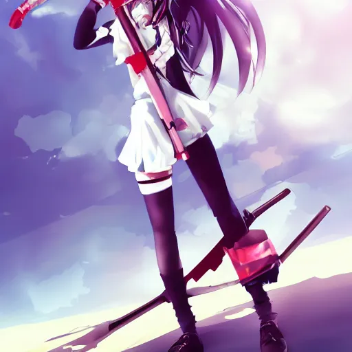 Image similar to anime girl holding a saw, action pose, highly detailed beautiful, pixiv